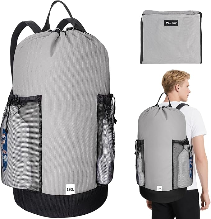 BALEINE 120L Laundry Bag Backpack, 900D Oxford Fabric Large Travel Laundry Bags with Shoulder Straps and 2 Mesh Pockets for College Dorm, Apartment, Laundromat (Gray, 120L)
