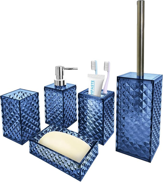 Bathroom Accessory Set, 5 PCS Blue Bathroom Accessories Sets | Complete Set, Soap Dispenser, Toothbrush Holder, Soap Dish, Mouthwash Cup and Toilet Brush, Modern Bathroom Décor