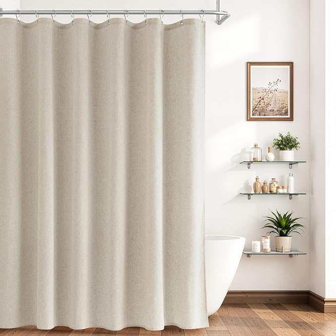Extra Long Linen Shower Curtain 90 Inch Long Shower Curtains Set with Hooks for Bathroom Boho Farmhouse Fabric Neutral Cloth Modern Cottage Core Waterproof,Vanilla