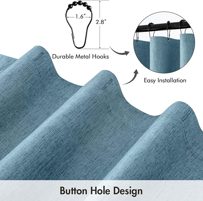 ANRODUO Moonlight Blue Long Linen Fabric Shower Curtain Set - W72xL108 | Farmhouse Shower Curtain with 12 Metal Hooks, Waterproof Heavy Duty, Button Hole Design, Machine Washable for Bathroom