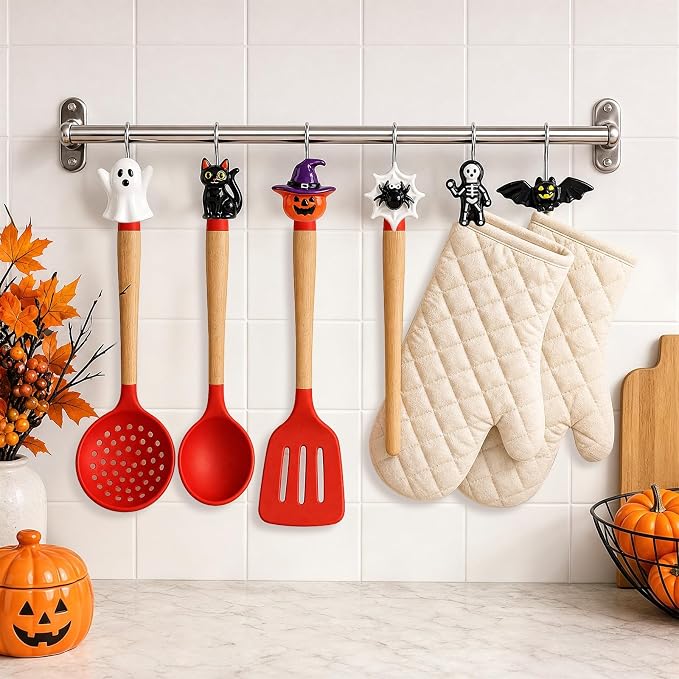 Halloween Shower Curtain Hooks 12 Pcs Ghost Pumpkin Decor Set | Resin Metal Standard Size, Smooth Gliding Rustproof, Bat Skull Spider Cat Designs, Bathroom Festive Home Accents