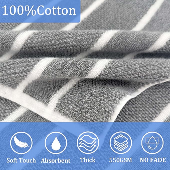 VOOVA & MOVAS Large Hooded Towels for Kids,6-12 Years,100% Cotton | 65X34 Inch,Gray White Stripe,Thick,Soft, Absorbent, Quick-Drying, Beach/Pool/Swim Essentials