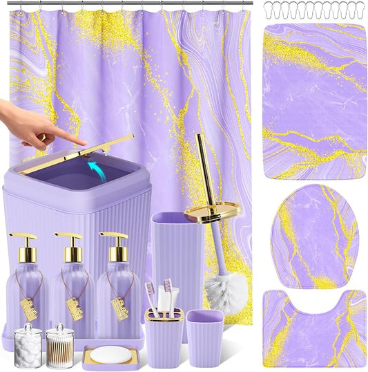 21PCS Bathroom Sets with Shower Curtain and Rugs Bathroom Accessories Set Light Purple Bathroom Set Complete with Trash Can, Toilet Brush, Qtip Holder & 3PCS Soap Dispenser