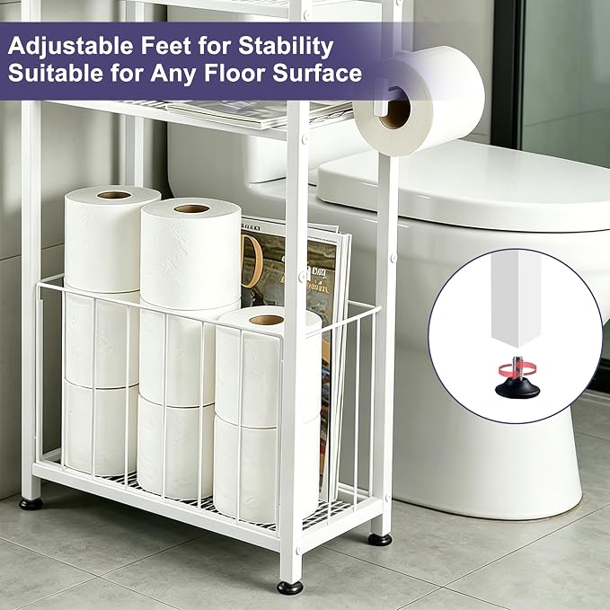Freestanding Toilet Paper Holder with Storage for Small Bathrooms, White | Space-Saving Bathroom Organizer for Small Spaces, Toilet Roll Holder Stand Keeps Rolls Clean & Dry