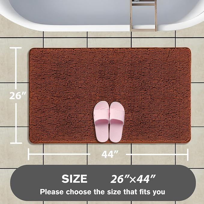 Rust Bathroom Rugs – Absorbent and Washable Bath Mat, Non-Slip, Thick Soft Chenille Bath Rugs for Bathroom Floor, Shower, Sink - 26" x 44"