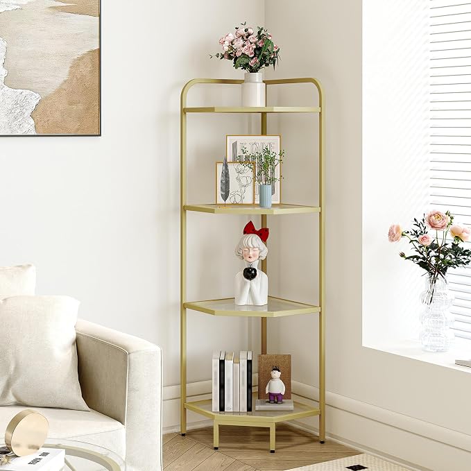 Hzuaneri Corner Shelf Stand, 6-Tier Glass Bookshelf Bookcase, Plant Stand | Bathroom Organizer Steel Frame, Tempered Glass, Modern Style for Living Room, Bathroom, Kitchen, Gold CS90400G