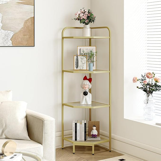 Hzuaneri Corner Shelf Stand, 6-Tier Glass Bookshelf Bookcase, Plant Stand | Bathroom Organizer Steel Frame, Tempered Glass, Modern Style for Living Room, Bathroom, Kitchen, Gold CS90400G