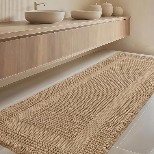 Extra Large Waffle Bath Mat, Boho Bathroom Rugs Absorbent Non Slip, Soft Bathroom Mats, Machine Washable Knit Bath Rugs with Tassels for Bathroom, Bedroom, Kitchen, Shower, Tub, Beige, 6'x2'