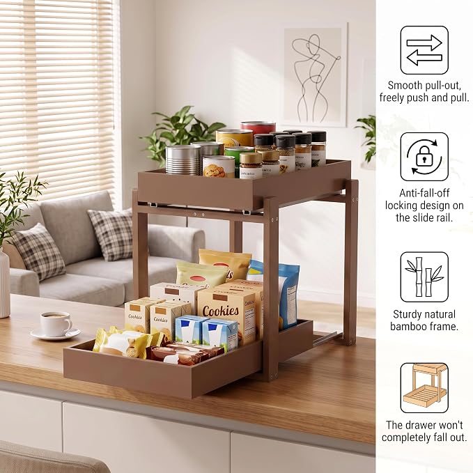 MHXW SXPN Bamboo Under Sink Organizer, 2 Pack Pull Out Cabinet Organizer | 2 Tier Vertical Smooth Slide Out Undersink Storage Shelf | Multi-Purpose Organizer Shelves for Kitchen Bathroom Medicine