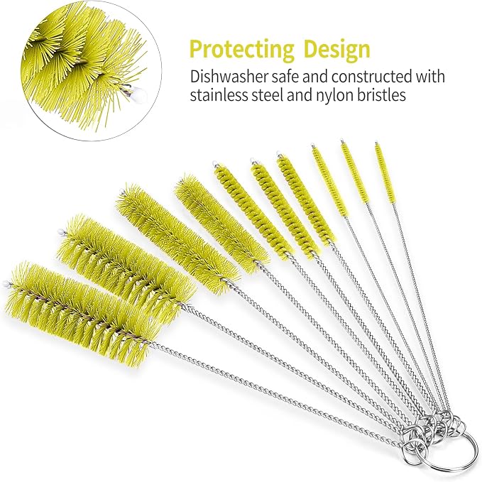 CiaraQ Bottle Cleaning Brushes, 8 Inch Nylon Tube Brush Set | Yellow Cleaner for Narrow Neck Bottles Cups with Hook, Set of 10pcs.
