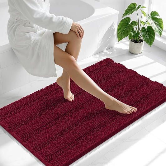 Smiry Thick Chenille Bathroom Runner Rugs 47x17, Soft Bath Mat, Burgundy | Quick‑Dry & Machine Washable, Non‑Slip Bath Carpet, Striped Bath Rugs for Tub & Shower, Modern Home Decor Accessories