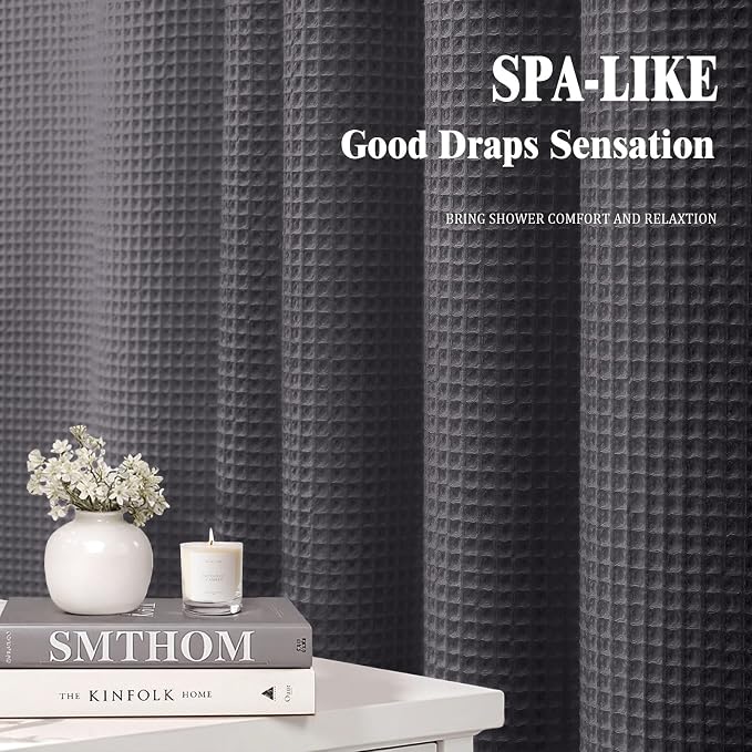 Waffle Weave Shower Curtain Heavyweight Cotton Fabric Charcoal Gray 72Wx75L | Soft Cotton Cloth,3D Square Truely Waffle,Washable, Hotel Luxury Spa, Shower Curtains for Narrow Bathroom 12 Plastic Hooks