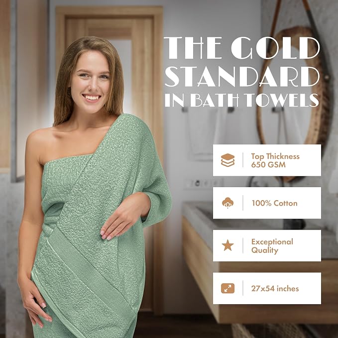 White Classic Green Bath Towels 27x54 Inch, Cotton Towel Set for Bathroom, Hotel, Gym, Spa, Soft Extra Absorbent Quick Dry 4 Pack