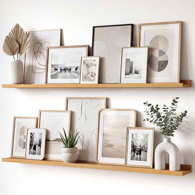 Oak Picture Ledge Shelves for Wall, 4.5" Deep Wood Floating Shelves with Lip for Bedroom, Living Room, 48" Width, Color Oak Set of 2