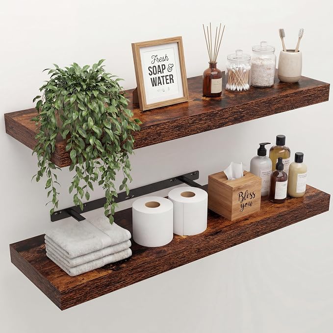 30 in Floating Shelves for Wall Decor Color Brown,Pack 2 | Modern floating shelves for living room,bedroom,kitchen and bath.Organize & display books,photos and decor.easy mount,sturdy.