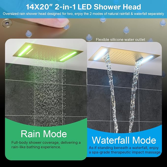 ENGA Shower System with Body Jets, 2 In 1 Functions Ceiling Mount 14x20inch LED Shower Head with 4 Body Jets, Rainfall Waterfall Shower Faucet Set, Brushed Gold