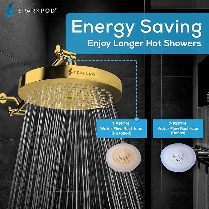 SparkPod Rain Shower Head, 8 Inch Round, Egyptian Gold Finish | High Pressure Shower Heads, 90 Nozzles, Adjustable Showerhead, No Tools Needed, Universal Connection