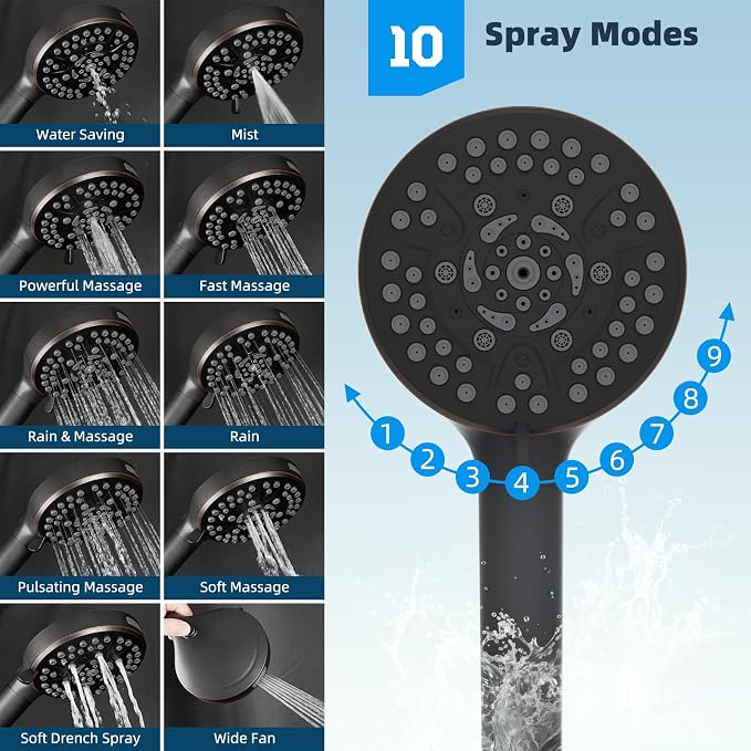 Hibbent All Metal Shower Head, 10'' High Pressure Rainfall Shower Head, Handheld Showerhead Combo with 12'' Adjustable Extension Arm, 10-Spray, 71'' Hose, Shower Holder, Oil Rubbed Bronze
