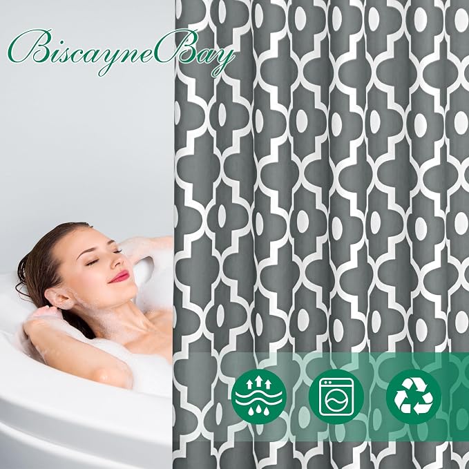 Biscaynebay Extra Long Textured Fabric Shower Curtain 72" W x 84" L, Dark Grey Morocco Pearl Printed Hotel Spa Luxury Decorative Bathroom Curtain Machine Washable
