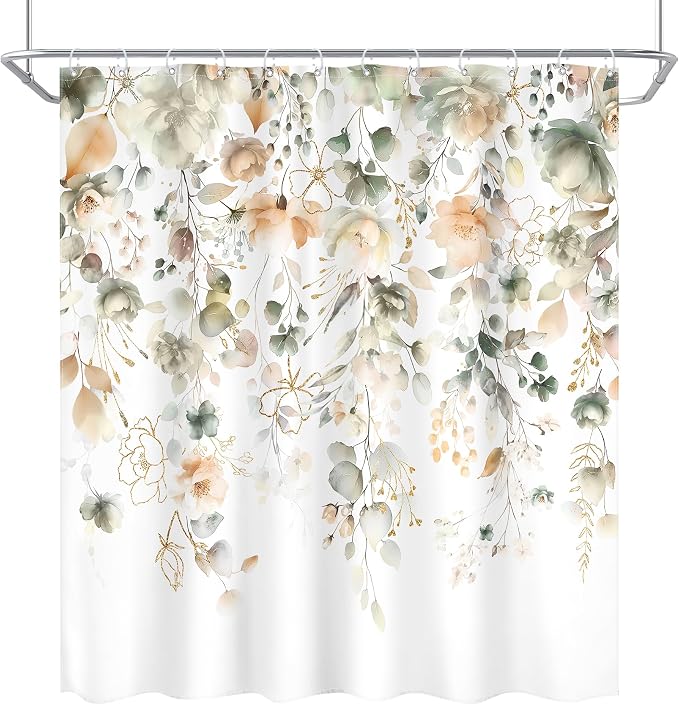 Green Yellow Floral Summer Watercolor Sage Bathroom Shower Curtain Set | 72"W x 72"L Flower Eucalyptus look, waterproof HD printed shower curtain, quick-dry fabric and free hooks.
