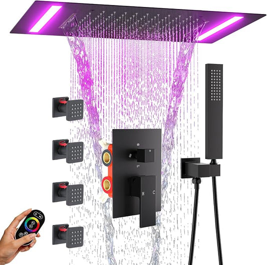 ENGA Shower System with Body Jets, 2 In 1 Functions Ceiling Mount 14x20inch LED Shower Head with 4 Body Jets, Rainfall Waterfall Shower Faucet Set, Matte Black