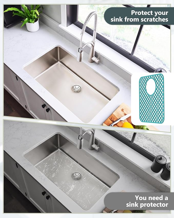 2 Pack Silicone Sink Protectors for Kitchen Sink, Trellis 13x11 Green | Heat-resistant Non-Slip and Durable Silicone Grid Mat, 13-9/16" x 11-5/8" Rear Drain