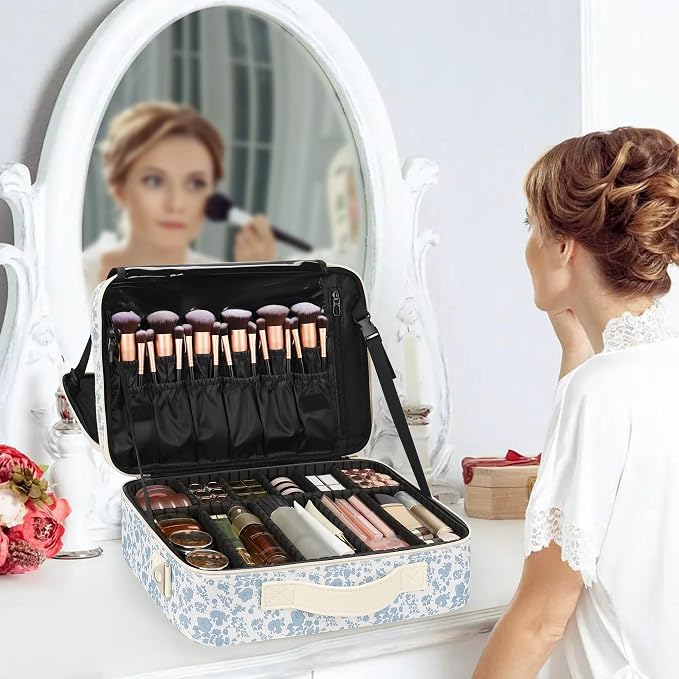 Relavel Makeup Case Large Makeup Bag Professional Train Case Travel Cosmetic Organizer Brush Holder Waterproof Makeup Artist Storage Box, 3 Layer Large Capacity, with Adjustable Strap, Floral Print