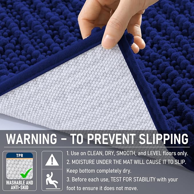 OLANLY Bathroom Runner Rugs 47x20, Thick Soft Absorbent Chenille Bath Rugs | Navy Blue, Quick-Drying Rubber Backing, Long Shaggy Bath Mat, Washable for Floor, Tub and Shower, Home Decor Accessories