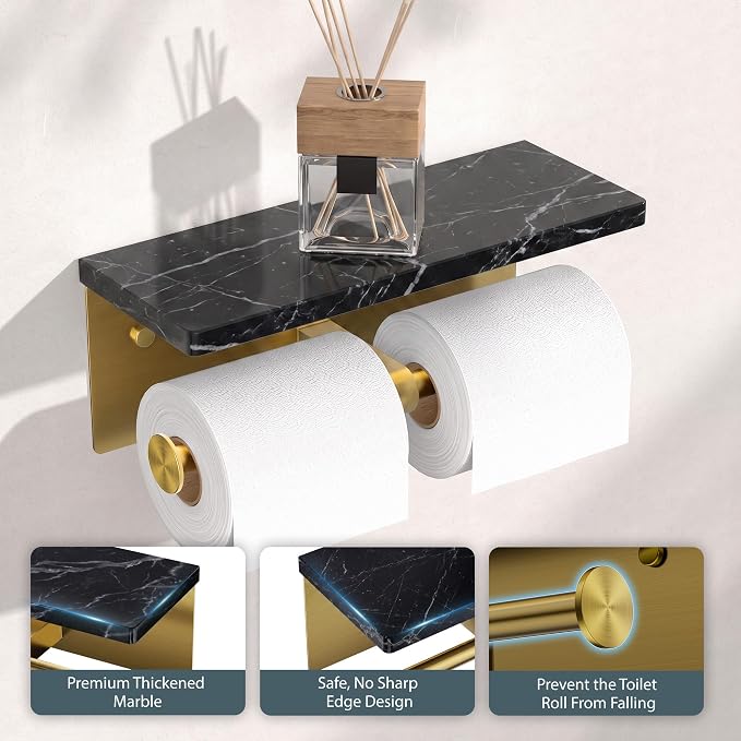 FORIOUS Toilet Paper Holder with Shelf, Commercial Toilet Paper Dispensers | Brushed Gold | Wall Mount Bathroom Tissue Holder | SUS304 Stainless Steel Rustproof | Double Tissue Roll Holder
