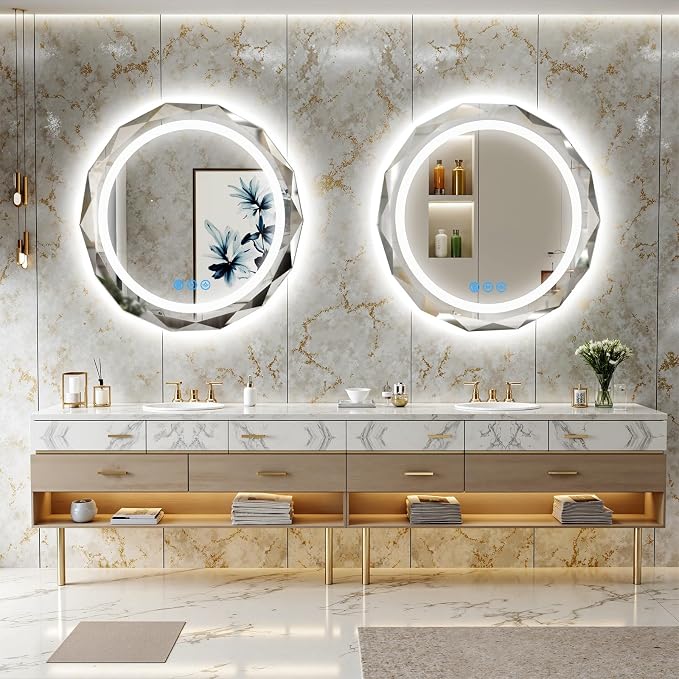 28" Round LED Bathroom Vanity Mirror, Backlit Anti-Fog Frameless | Beveled Edge, Dimmable 3 Colors, Memory Function, HD Shatterproof Tempered Glass, Lighted Mirror for Wall