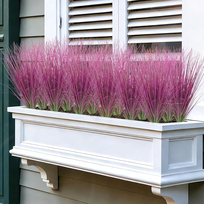 12 Bundles Artificial Grass Plants Outdoor Tall Faux Shrubs Greenery Stems Fake Onion Grasses Wheat UV Resistant for Outside Garden Indoor Office Home Decor（Pink）
