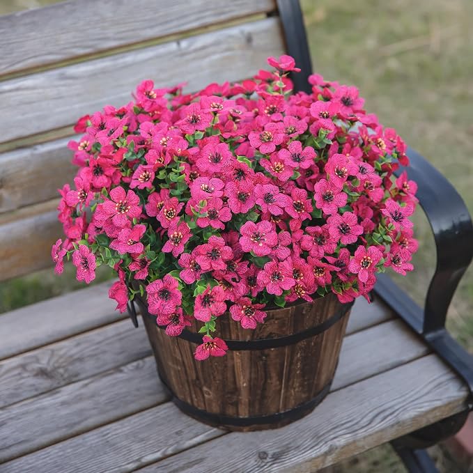 Artificial Flowers for Outdoor Indoor Garden Home Decoration, Faux Flower Daisy with Eucalyptus Leaves Fake Plants Greenery Boxwood Porch Patio, 12 Bundles (Rose Red)