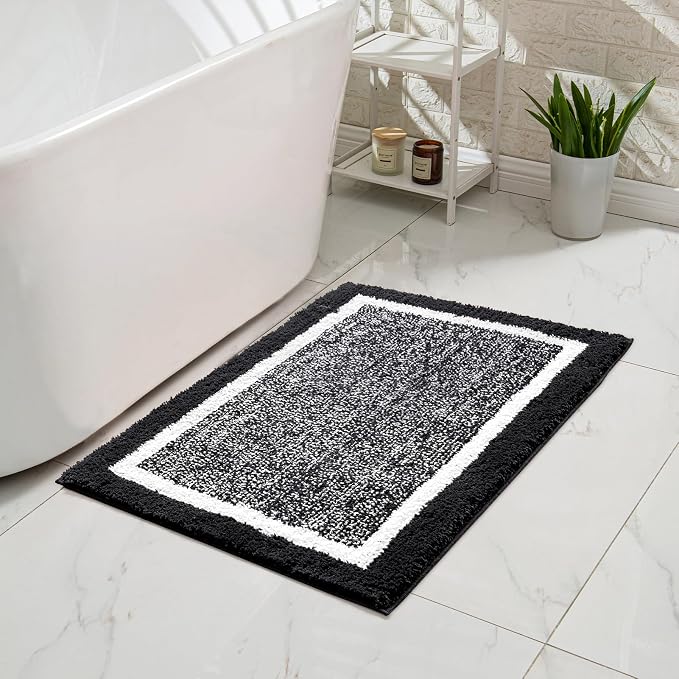 CozeCube Jet Black Bath Mat 24"x16" Non Slip Washable Rug | For Bathroom Non Slip, Fluffy Absorbent Microfiber Bath Mats Machine Wash, Stylish Small Aesthetic Bathroom Rugs