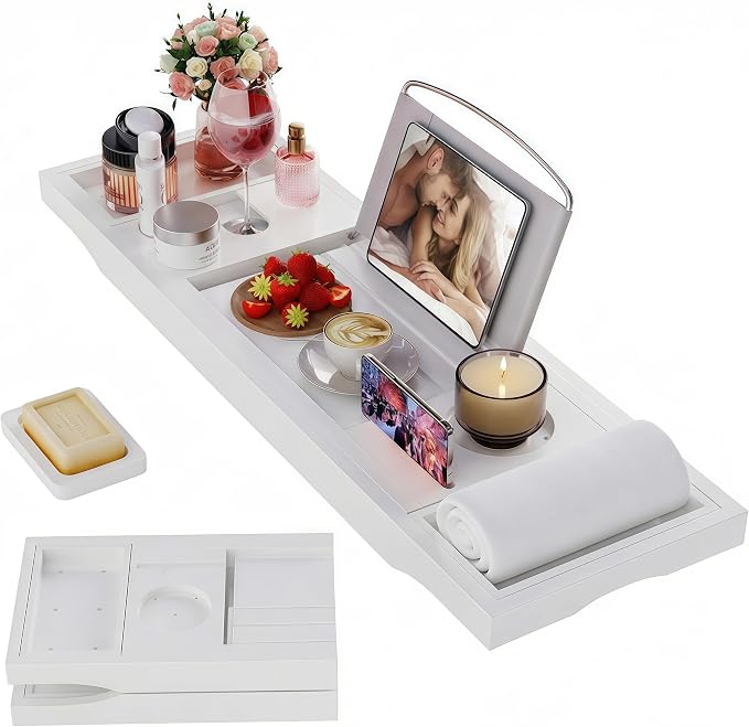 Foldable Bathtub Tray Caddy with Soap Dish Adjustable 29.5-43''White | Bamboo Bath Table Trays with Non-slip Pads, Wine Glass Holder, Adjustable Tablet Book Stand, Spa Bath Essentials Organizer