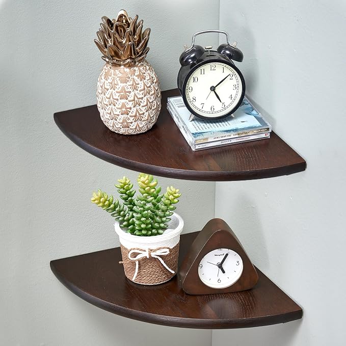 Corner Shelves, Floating Corner Shelf, Set of 2 10inch Solid Oak Wood Corner Wall Shelves, Round End with Wire Hole for Small Plant for Bedroom Kitchen, Living Room