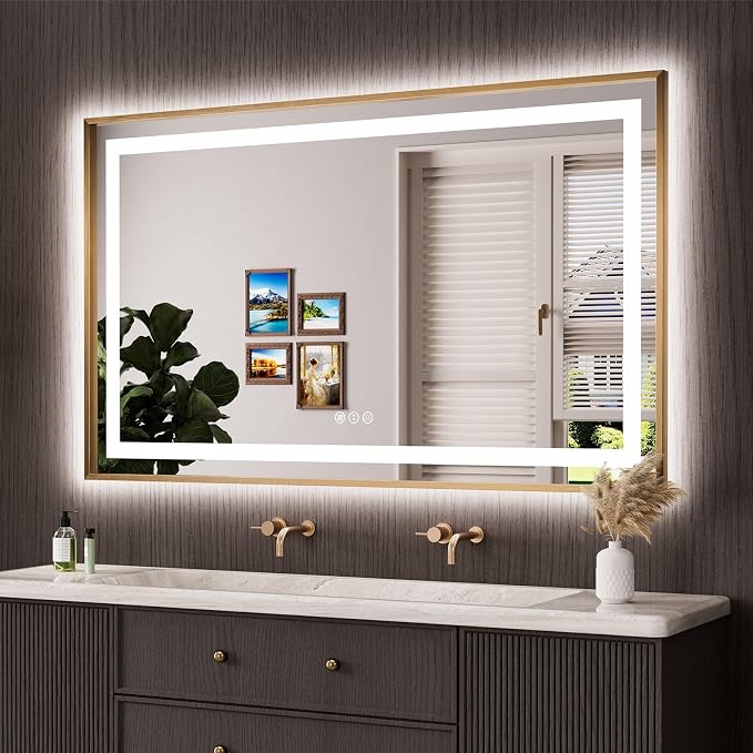 60"X36" LED Bathroom Mirror with Front Lit and Backlit(Brushed Gold) | Metal Framed Mirror, Stepless Dimmable, Anti-Fog, HD Reflection, Shatter-Proof, Memory, 3 Colors, Double LED Vanity Mirror.