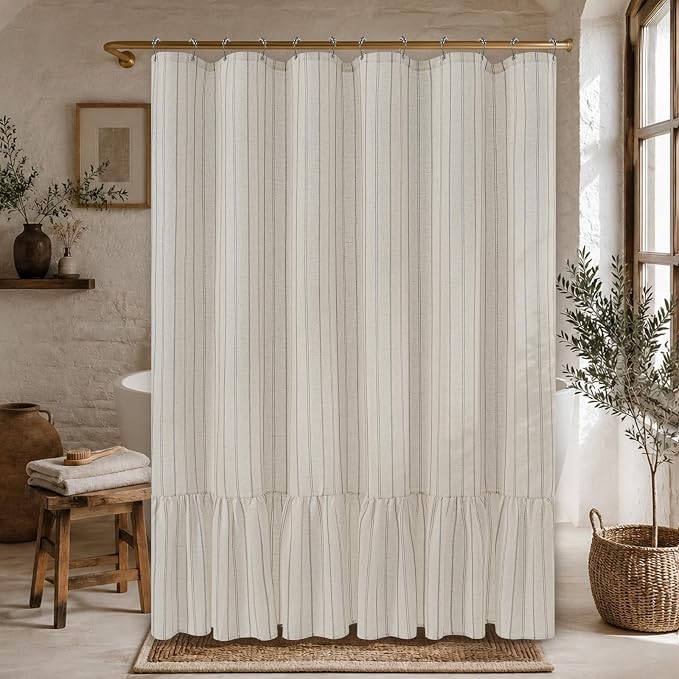 Yinhua Farmhouse Shower Curtain with Ruffle, Grey Striped Linen Shower Curtains Set with 12 Metal Hooks for Bathroom, Country Rustic Vintage Bath Curtain Waterproof Heavy Duty, 72" W x 72" L