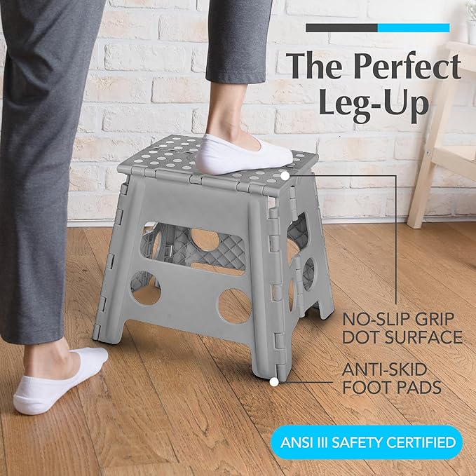 Handy Laundry Folding Step Stool 13 Inch, Grey, Non-Slip Holds 300 lbs | 13 Inch, Grey, Foldable Collapsible Step Stool, Non-Slip, Holds 300 lbs, Kitchen Bathroom Bedroom, Adults