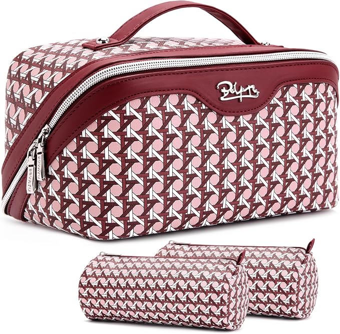 BOYATU Travel Makeup Bag Cosmetic Bags for Women: 3 Pcs Set Make up Bag | Large Capacity Waterproof Vegan Leather Organizer Bags with Compartments - Lay flat Toiletry with Handle (M-78Red)