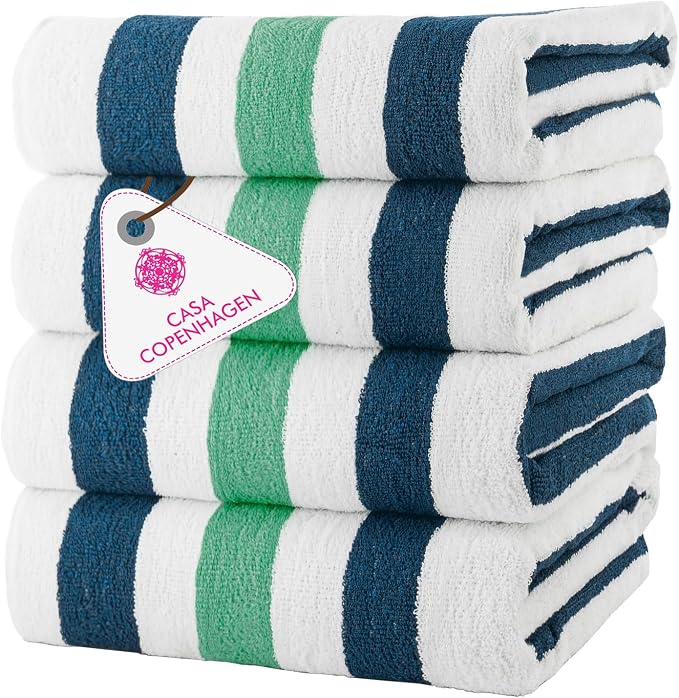 CASA COPENHAGEN Monaco Beach Towels Designed in Denmark Rough and Tough, Quick Dry, for Pool, Bath & Shower 30x60 inches 4 Pieces Cotton Beach Bath Towels Set - Teal Blue