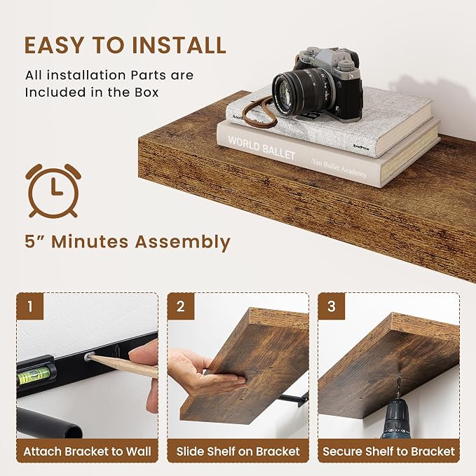 fuqing Floating Shelves for Wall, Wall Mounted Wood Floating Shelf with Invisible Brackets for Living Room, Bathroom, Bedroom, Kitchen Storage and Decor, 32 Inch Set of 2, Rustic Brown