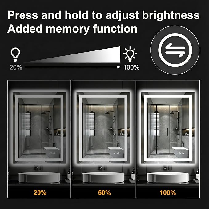 32x24 LED Bathroom Mirror with Lights, Lighted Vanity Mirror for Wall | Front and Backlit, Anti Fog, Dimmable 3 Color Lighting, Memory Function, Shatter Resistant Glass, Plug in or Hardwired
