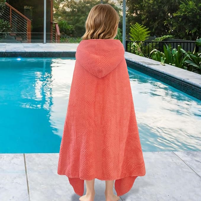VOOVA & MOVAS Kids Hooded Bath Towel, 6-10 Years, 100% Cotton,Pink Waffle | Soft Waffle Texture, Heavy Density Fabric, Suitable for Bath, Pool, Swim and Beach
