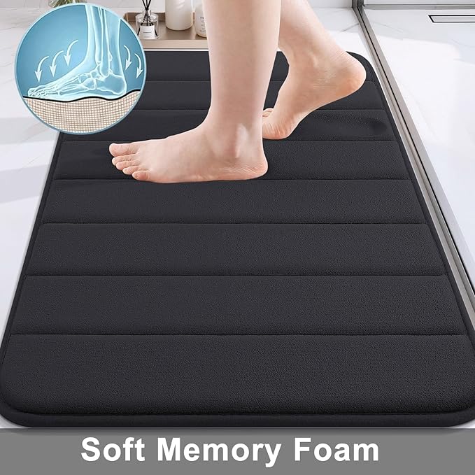 Buganda Memory Foam Bath Mat 47 x 32, Ultra Soft Absorbent Bathroom Rugs | Black, Machine Washable Quick Dry Bath Mats for Bathroom Floor, Shower and Tub, Home Decor Accessories