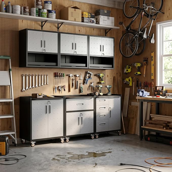 Garage Storage Cabinet System,Wall Cabinet & Locking Rolling Tool Cabinet with Doors and Adjustable Shelves
