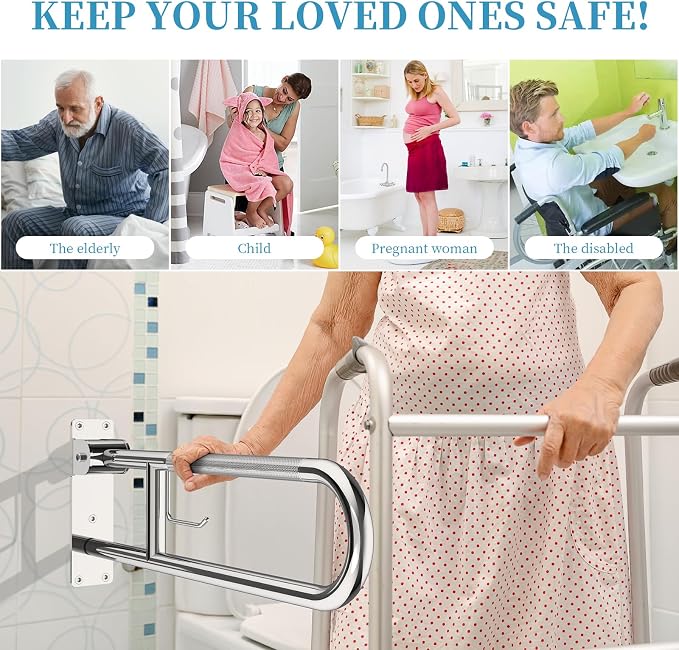 Folding Toilet Grab Bar 32 Inch Chrome, Munzong Anti-Slip Handicap Grab Bar | Flip-Up Bathroom Safety Rails Stainless Steel Knurled Support handrails for Seniors Elderly Disabled Pregnant