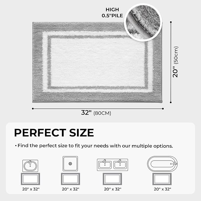 GRANNY SAYS Microfiber Bathroom Rugs Non Slip Washable, Water Absorbent Bathrooms Mats for Tub Non Slip, Soft Bath Mats for Floor & Shower, Long Bathroom Rug, 20" x 32", Grey Bath Rug