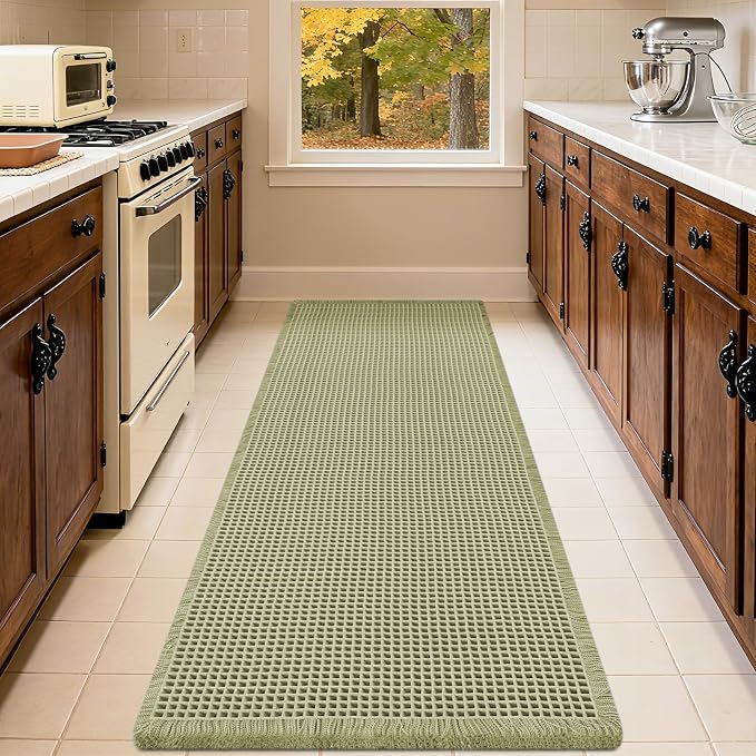 Waffle Runner Rug Green 5'x2', Boho Woven Modern Bath Mat Rugs, Absorbent Non Slip Bathroom Rugs, Soft Washable Bath Rugs with Tassels for Bathroom, Bedroom, Kitchen, Shower, Tub