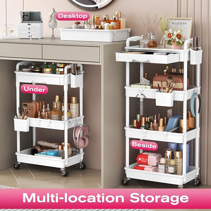 Goovilla Rolling Makeup Organizer Cart with Removable Drawer, 4 Tier White | Stable Floor Skincare Storage Cart for Vanity, Cosmetic Display, Nail Polish, Perfume, Hair Stuff, Beauty, Bathroom(Plastic)