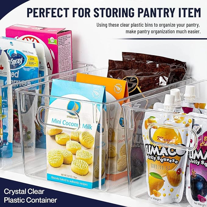 Clear Plastic Storage Bins, Pantry Organizers and Storage Containers Fridge Organizer Bins for Organizing Kitchen Cabinet Organizer Bin Bathroom Freezer Refrigerator Organization